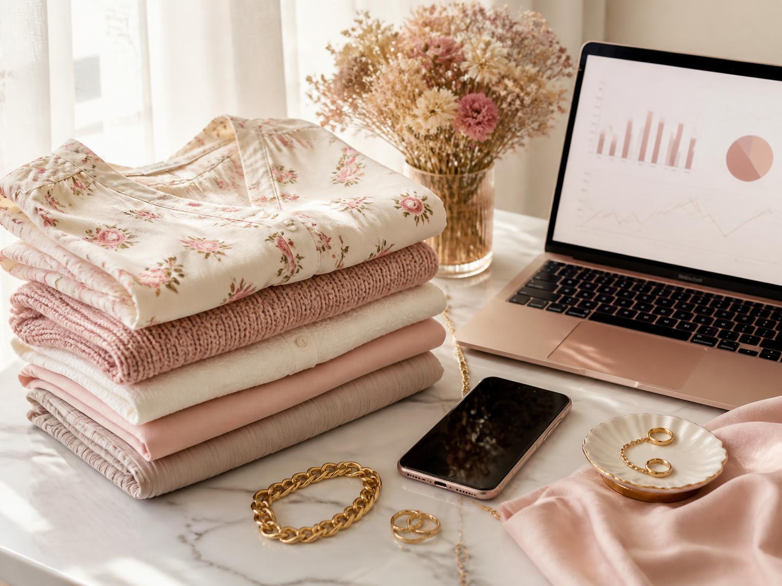 Composición con un móvil, un cuaderno y un perchero de ropa usados para reventa